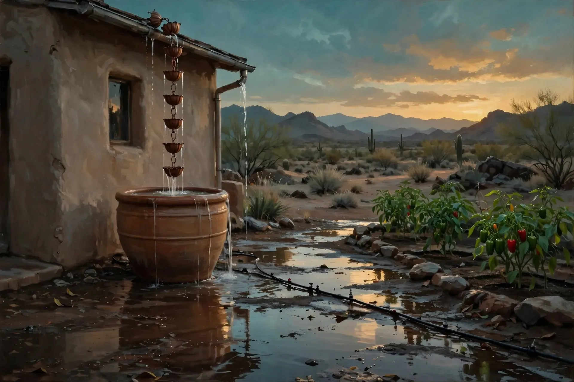 A rain chain feeding a clay cistern beside a desert house at dusk, a drip line running to a bed of peppers