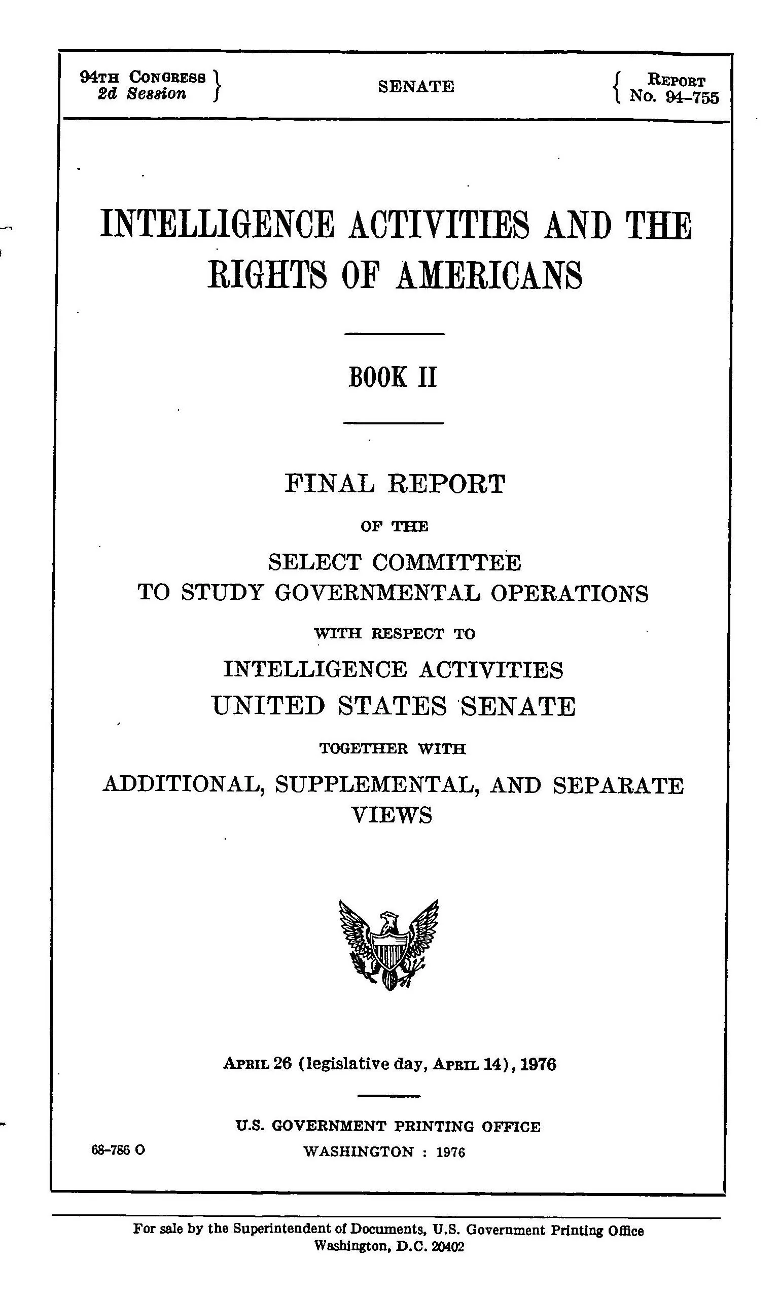Title page of the Church Committee's final report, Book II: Intelligence Activities and the Rights of Americans, April 26, 1976.