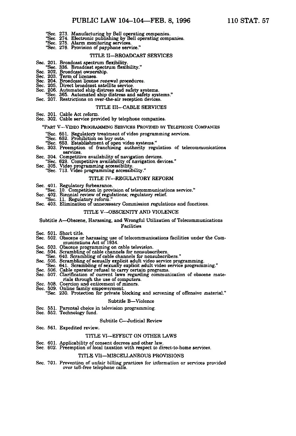 A page of Public Law 104-104, the Telecommunications Act of February 8, 1996, in the Statutes at Large.