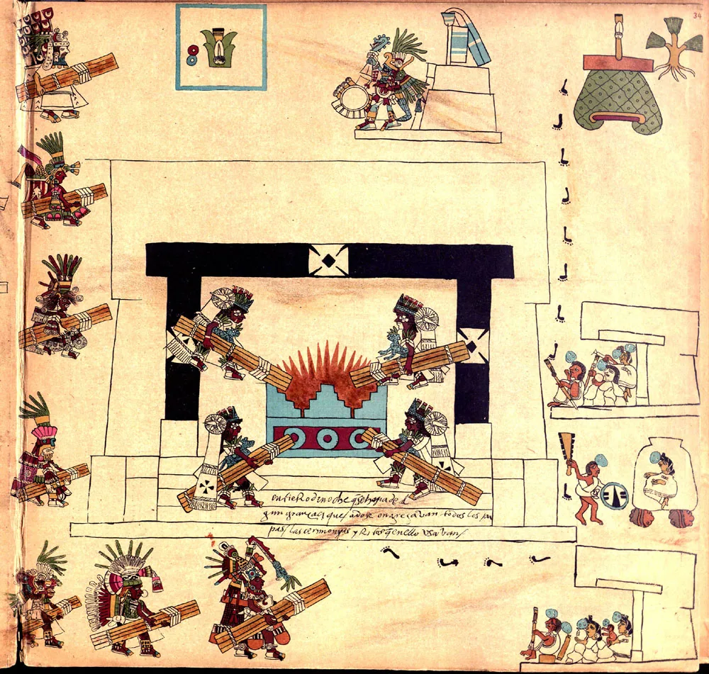 The New Fire ceremony: priests carry the bound 52-year reed bundles to the hearth. Codex Borbonicus, page 34.