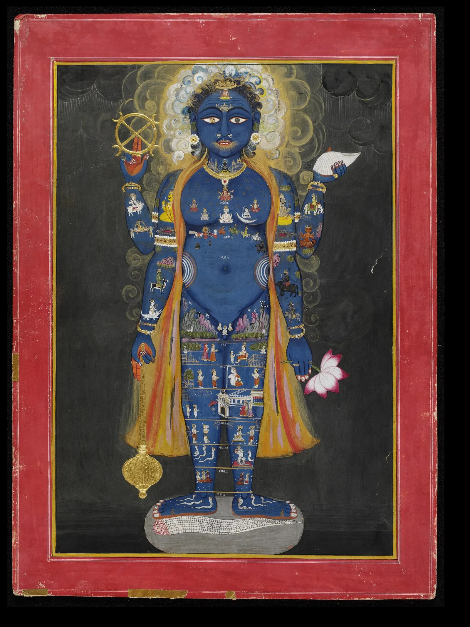 Vishnu as Vishvarupa, the all-form, with the worlds painted on his body. Jaipur, about 1800–1820; Victoria and Albert Museum.