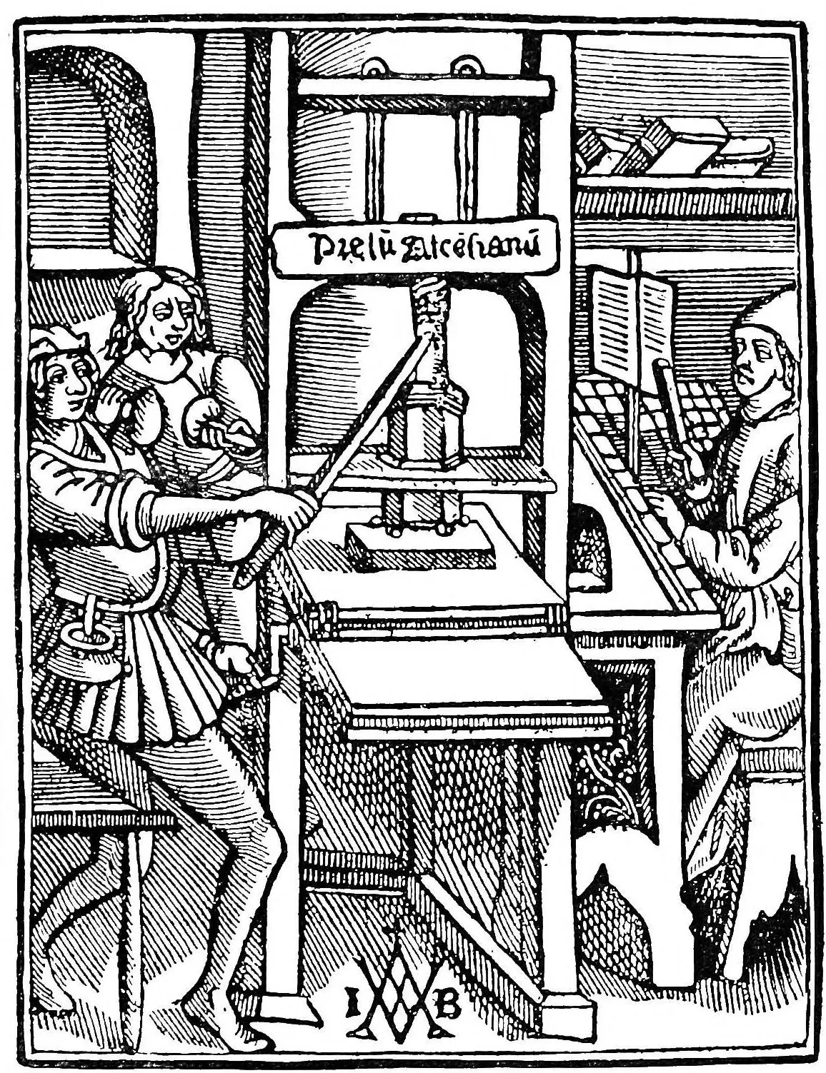 A woodcut of an early printing house